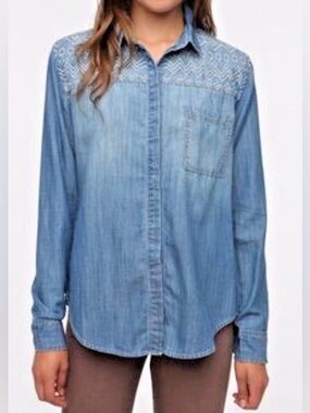 Anthropologie Light Blue Embroidered Denim Button-Up